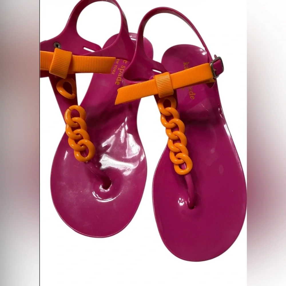 KATE SPADE NEW YORK JELLY SANDALS SIZE 5 PINK ORANGE BOW CHAIN ANKLE STRAP FLATS - Picture 4 of 10